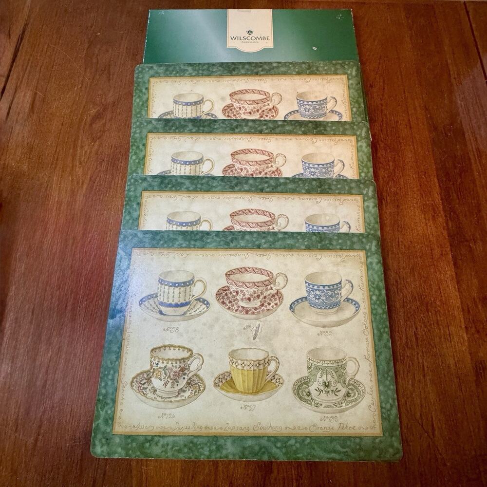 Wilscombe Tea Cup Design Placemats Set of 4 Velvet Backed w/ Original Box